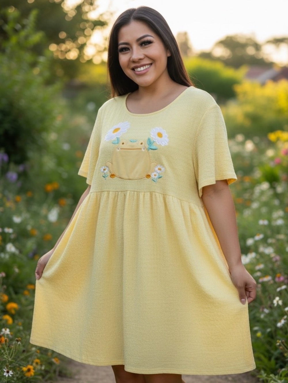 Yellow Daisy Frog Pocket Dress